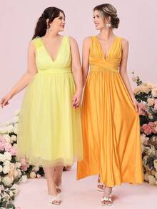 SHEIN Belle 1入組素色褶邊伴娘連衣裙 - 橘色 - 查看 9