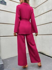 SHEIN Clasi Split Sleeve Belted Blazer & Wide Leg Trousers - Hot Pink - View 2