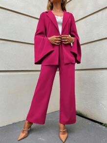 SHEIN Clasi Split Sleeve Belted Blazer & Wide Leg Trousers - Hot Pink - View 3