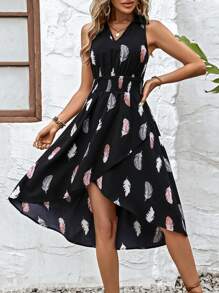 Breezaya Feather Print Wrap Hem Dress - Black - View 2