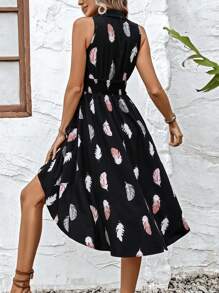 Breezaya Feather Print Wrap Hem Dress - Black - View 3