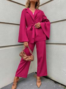 SHEIN Clasi Split Sleeve Belted Blazer & Wide Leg Trousers - Hot Pink - View 5