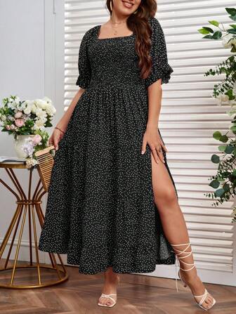 SHEIN VCAY 大碼波點圖案高衩連衣裙