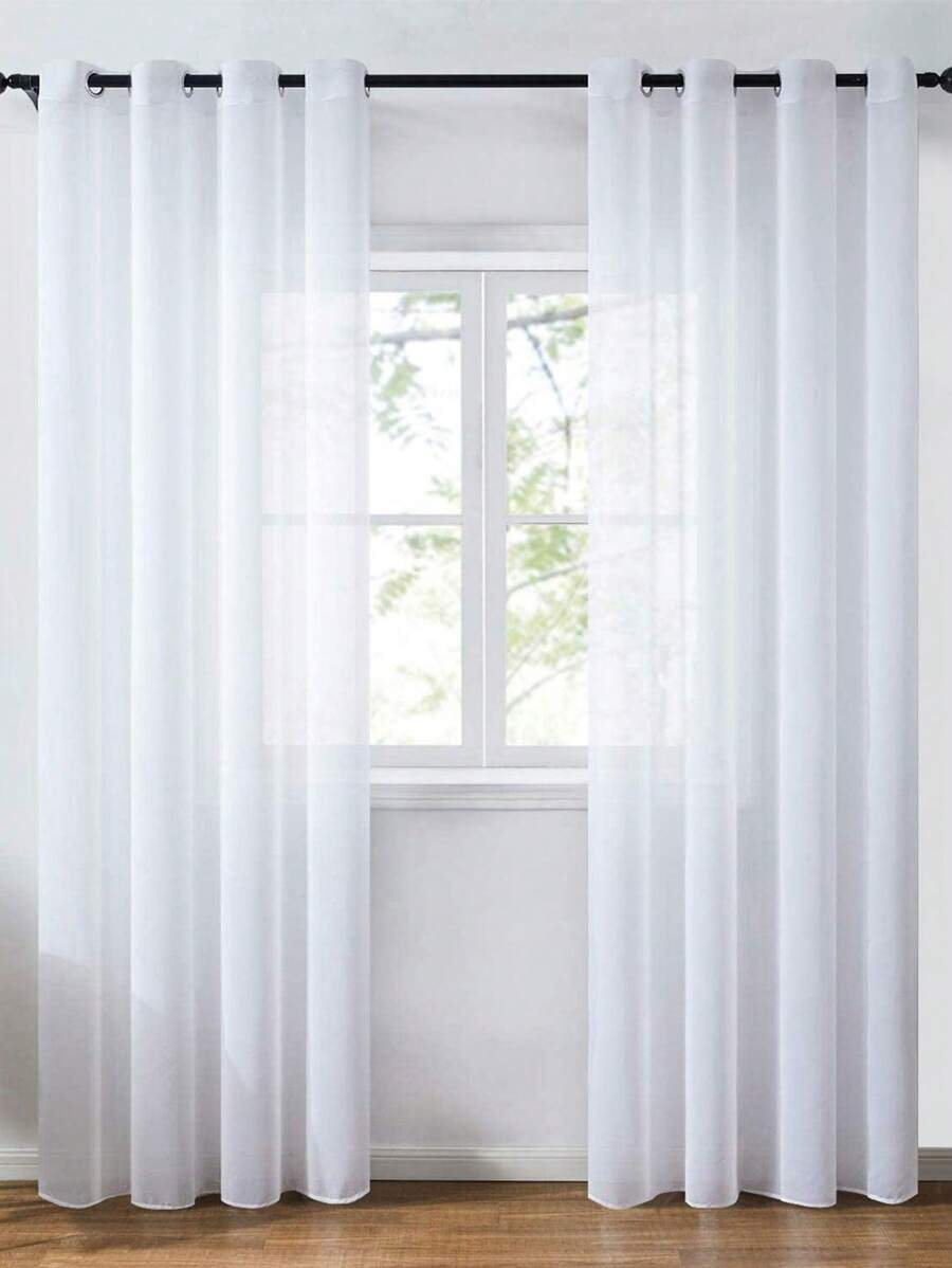 1pc White Polyester Single Panel Sheer Curtain, Simple Plain Mesh Curtain, For Living Room - White - View 1