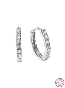 方晶鋯石裝飾銀圓耳環 - 銀色 - 查看 1