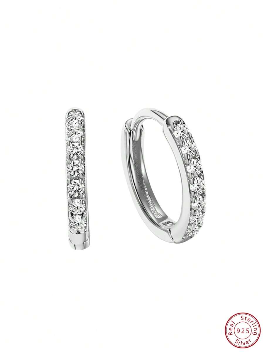 方晶鋯石裝飾銀圓耳環 - 銀色 - 查看 1