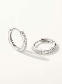 方晶鋯石裝飾銀圓耳環 - 銀色 - 查看 2