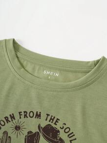 SHEIN LUNE 仙人掌和標語圖案T恤 - 綠色 - 查看 6