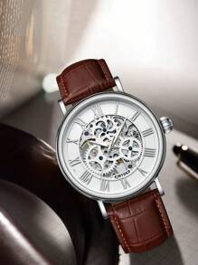 KINYUED Men Hollow Out Round Pointer Mechanical Watch - Brown - View 1