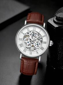 KINYUED Men Hollow Out Round Pointer Mechanical Watch - Brown - View 2