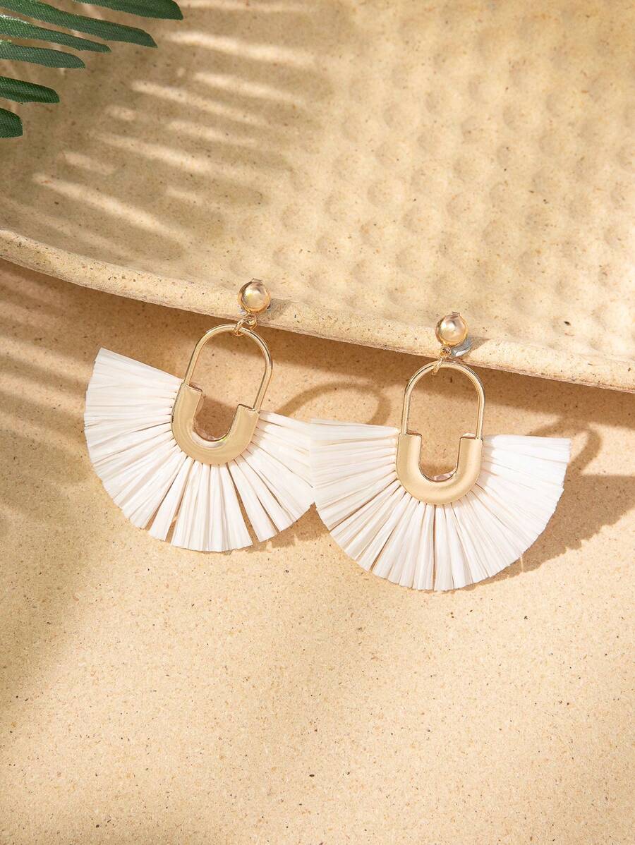 1pair Boho Raffia Decor Geometric Design Drop Earrings For Women For Holiday Decoration - Multicolor - View 1