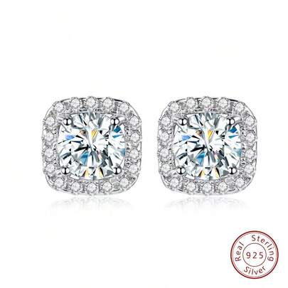 ESBERRY 1 Đính Đá Cubic Zirconia Lấp Lánh Vuông Hào Quang Bạc Bông Tai Trang Sức Hợp Thời Trang Cho Ngày Của Mẹ Tặng Cho Nữ dành Cho Bé Gái