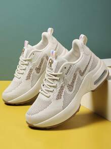 女士运动跑鞋，彩色字母图案系带运动鞋 - 卡其色 - 查看 4
