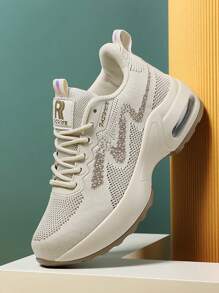 女士运动跑鞋，彩色字母图案系带运动鞋 - 卡其色 - 查看 6