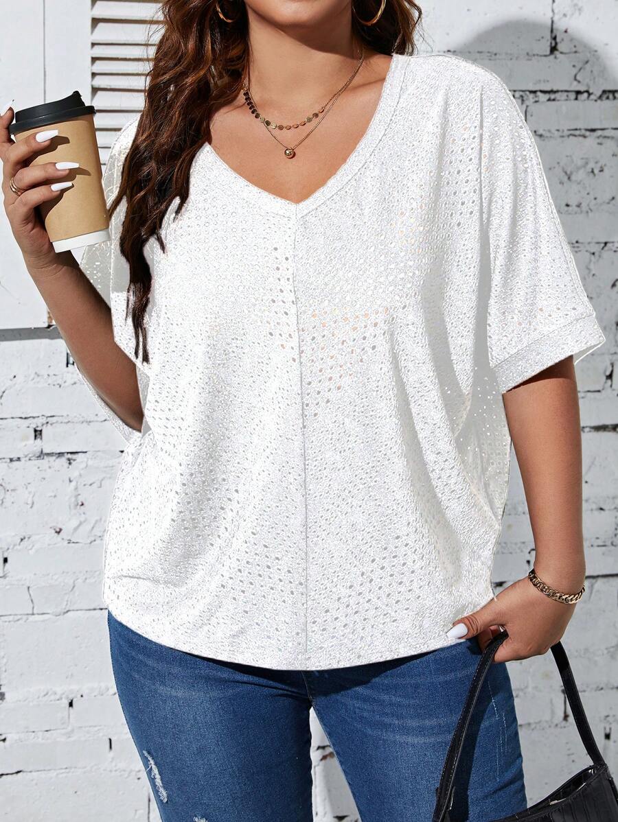 SHEIN Franclia Áo thun Plus size Tranh thêu màu trơn Giải trí - trắng - Xem 1