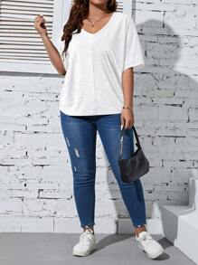 SHEIN Franclia Áo thun Plus size Tranh thêu màu trơn Giải trí - trắng - Xem 3