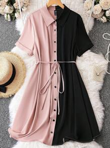 SHEIN LUNE 大碼雙色前排扣腰帶襯衫連衣裙 - 彩色 - 查看 1