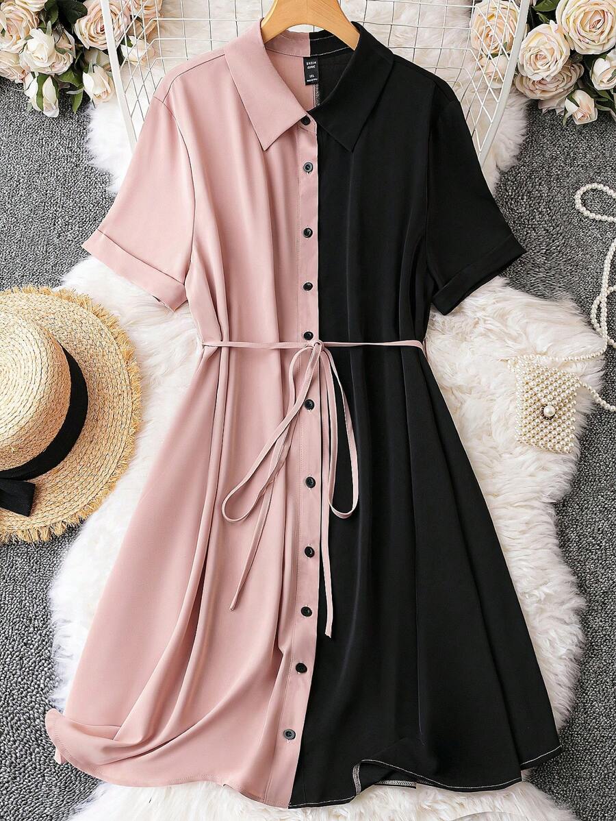 SHEIN LUNE 大碼雙色前排扣腰帶襯衫連衣裙 - 彩色 - 查看 1