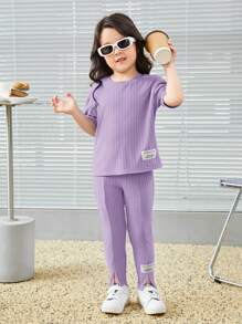 SHEIN Leap Crew Toddler Girls Letter Patched Detail Tee & Split Hem Trousers - Lilac Purple - View 1