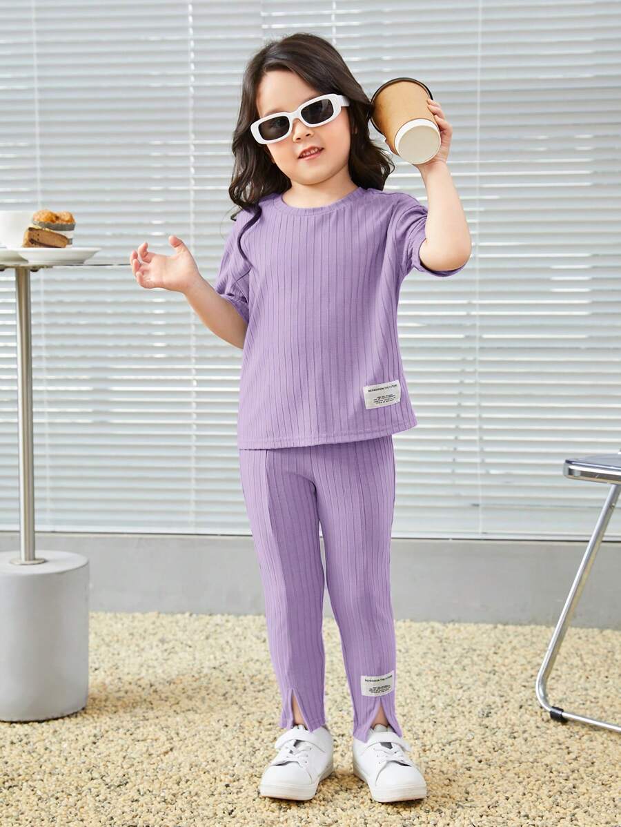 SHEIN Leap Crew Toddler Girls Letter Patched Detail Tee & Split Hem Trousers - Lilac Purple - View 1