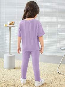 SHEIN Leap Crew Toddler Girls Letter Patched Detail Tee & Split Hem Trousers - Lilac Purple - View 2