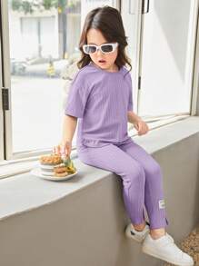 SHEIN Leap Crew Toddler Girls Letter Patched Detail Tee & Split Hem Trousers - Lilac Purple - View 3