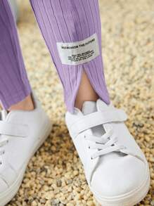 SHEIN Leap Crew Toddler Girls Letter Patched Detail Tee & Split Hem Trousers - Lilac Purple - View 4