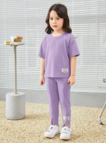 SHEIN Leap Crew Toddler Girls Letter Patched Detail Tee & Split Hem Trousers - Lilac Purple - View 5