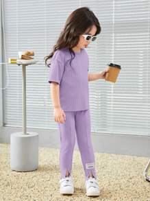 SHEIN Leap Crew Toddler Girls Letter Patched Detail Tee & Split Hem Trousers - Lilac Purple - View 6