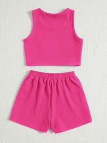 SHEIN Tween Girl Solid Tank Top & Drawstring Waist Shorts - Hot Pink - View 2