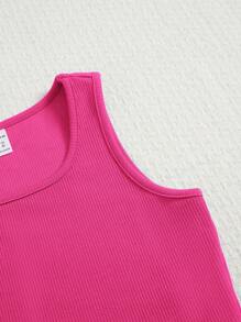 SHEIN Tween Girl Solid Tank Top & Drawstring Waist Shorts - Hot Pink - View 4