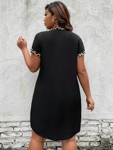 SHEIN LUNE 大碼豹紋印花撞色蝙蝠袖缺口領洋裝 - 彩色 - 查看 2