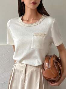 DAZY 對比鑲邊口袋t恤 - 杏色 - 查看 1