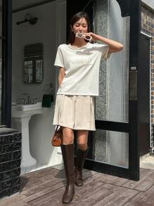 DAZY 對比鑲邊口袋t恤 - 杏色 - 查看 4