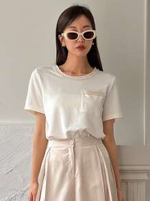 DAZY 對比鑲邊口袋t恤 - 杏色 - 查看 7