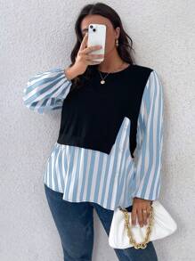 SHEIN LUNE 大碼條紋印花燈籠袖假兩件上衣 - 藍色 - 查看 1