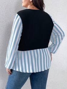 SHEIN LUNE 大碼條紋印花燈籠袖假兩件上衣 - 藍色 - 查看 2