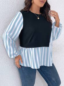 SHEIN LUNE 大碼條紋印花燈籠袖假兩件上衣 - 藍色 - 查看 3