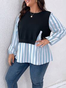 SHEIN LUNE 大碼條紋印花燈籠袖假兩件上衣 - 藍色 - 查看 4