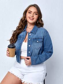 SHEIN Essnce 大碼翻蓋口袋牛仔夾克 - 中等水洗藍 - 查看 1