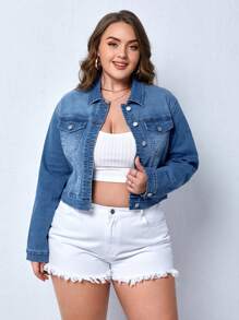SHEIN Essnce 大碼翻蓋口袋牛仔夾克 - 中等水洗藍 - 查看 4