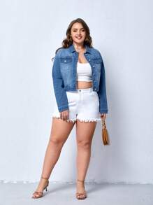 SHEIN Essnce 大碼翻蓋口袋牛仔夾克 - 中等水洗藍 - 查看 5