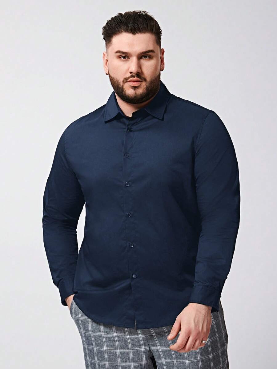 EASEVO Hombres Camisa algodón unicolor con botón delantero - Azul Marino - Ver 1