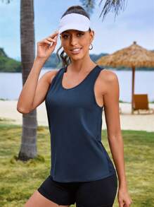 SHEIN Daily&Casual Cut Out Back Sports Tank Top,Women Tennis Outfit - Navy Blue - View 2