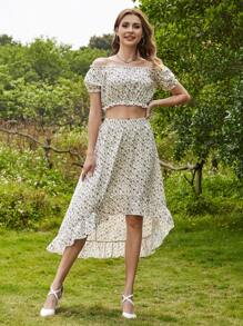 1 Áo Crop Top Ditsy Hoa Lệch Vai & 1 Chân Váy Cao Thấp Viền - Màu be - Xem 12