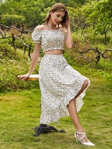 1 Áo Crop Top Ditsy Hoa Lệch Vai & 1 Chân Váy Cao Thấp Viền - Màu be - Xem 11