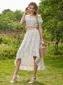 1 Áo Crop Top Ditsy Hoa Lệch Vai & 1 Chân Váy Cao Thấp Viền - Màu be - Xem 13