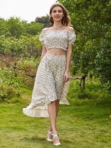 1 Áo Crop Top Ditsy Hoa Lệch Vai & 1 Chân Váy Cao Thấp Viền - Màu be - Xem 15