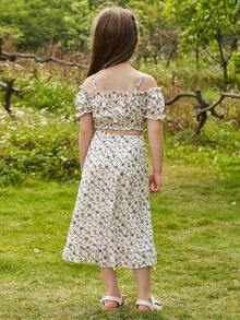 Bộ thời trang bé gái viền lá sen Viên lá sen Cao thấp Họa tiết hoa Boho - Màu be - Xem 5