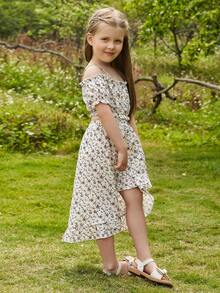 Bộ thời trang bé gái viền lá sen Viên lá sen Cao thấp Họa tiết hoa Boho - Màu be - Xem 10